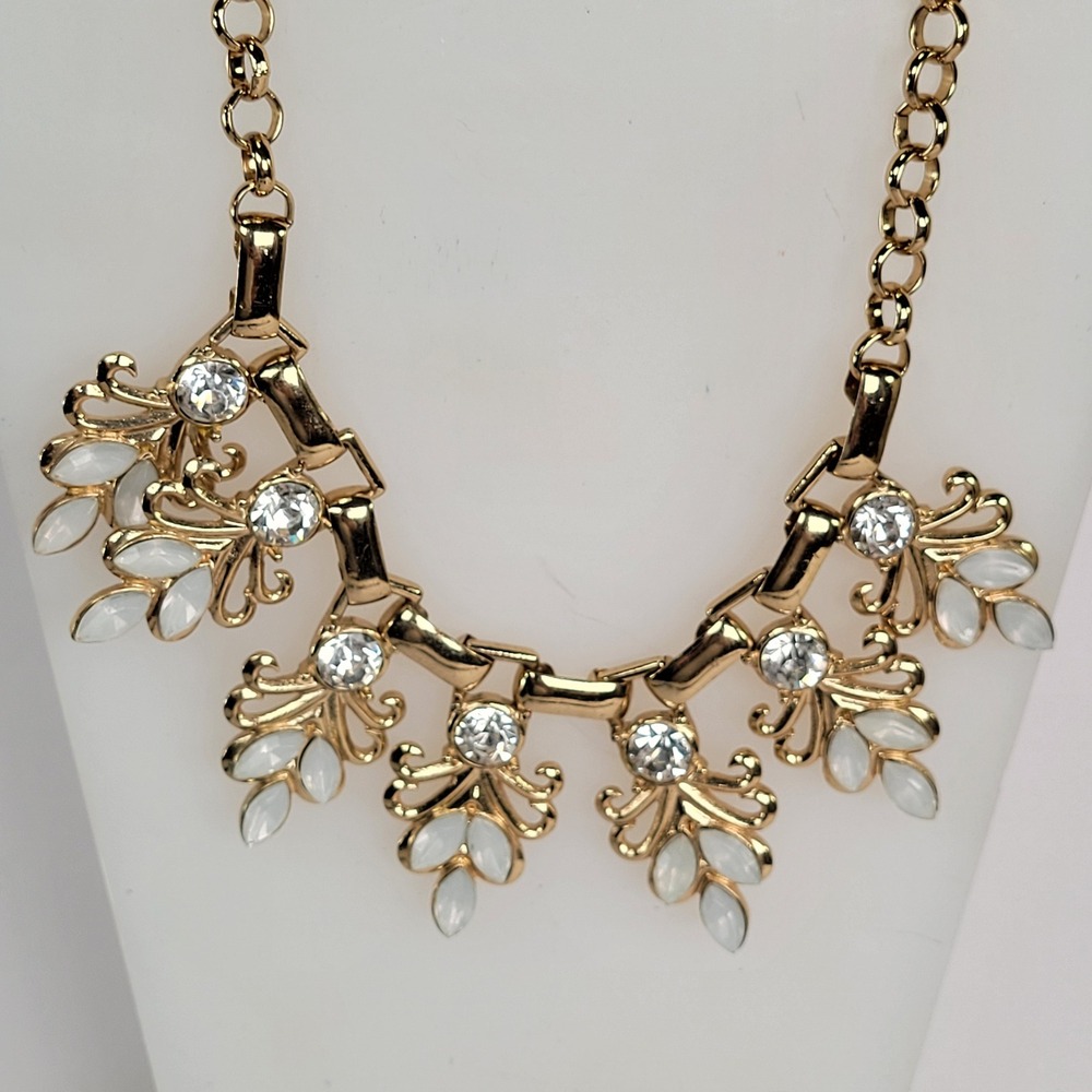 Gold Tone Bib Statement Necklace Milky White Stones Clear Rhinestones Floral